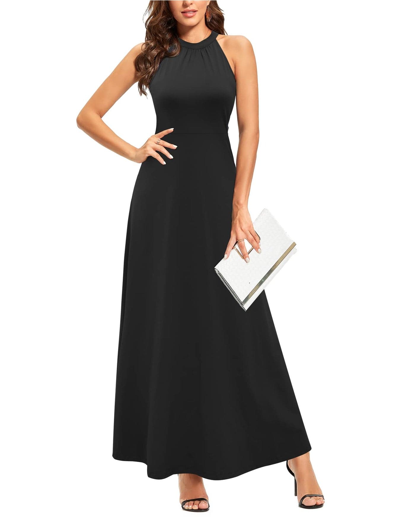 STYLEWORD Womens Summer Halter Neck Long Formal Dress Sexy Sleeveless Cocktail Evening Party Wedding Guest Maxi DressesBlackM