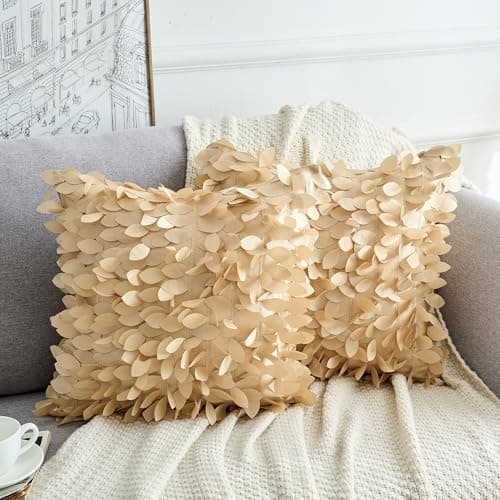uxcell 3D Leaf Sequin Throw Pillow Covers 18x18 Inch Soft Satin Square Pillowcases with Hidden Zipper, Set of 2 for Sofa Bedroom Office Outdoor Decor Gold