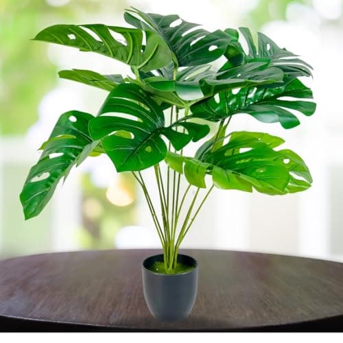 Dekorly Artificial Palm Plants Leaves Faux Turtle Leaf Fake Monstera Tropical Large Palm Tree Leaves Outdoor UV Imitation Leaf Decorations (Black Pot Monstera)