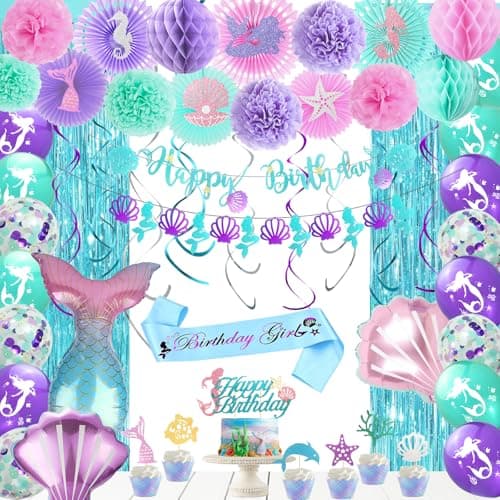 Hombae Mermaid Birthday Decorations Little Mermaid Party Supplies with Pink Teal Purple Paper Fans Pom Poms Balloons Fringe Curtains Cake Topper Sash