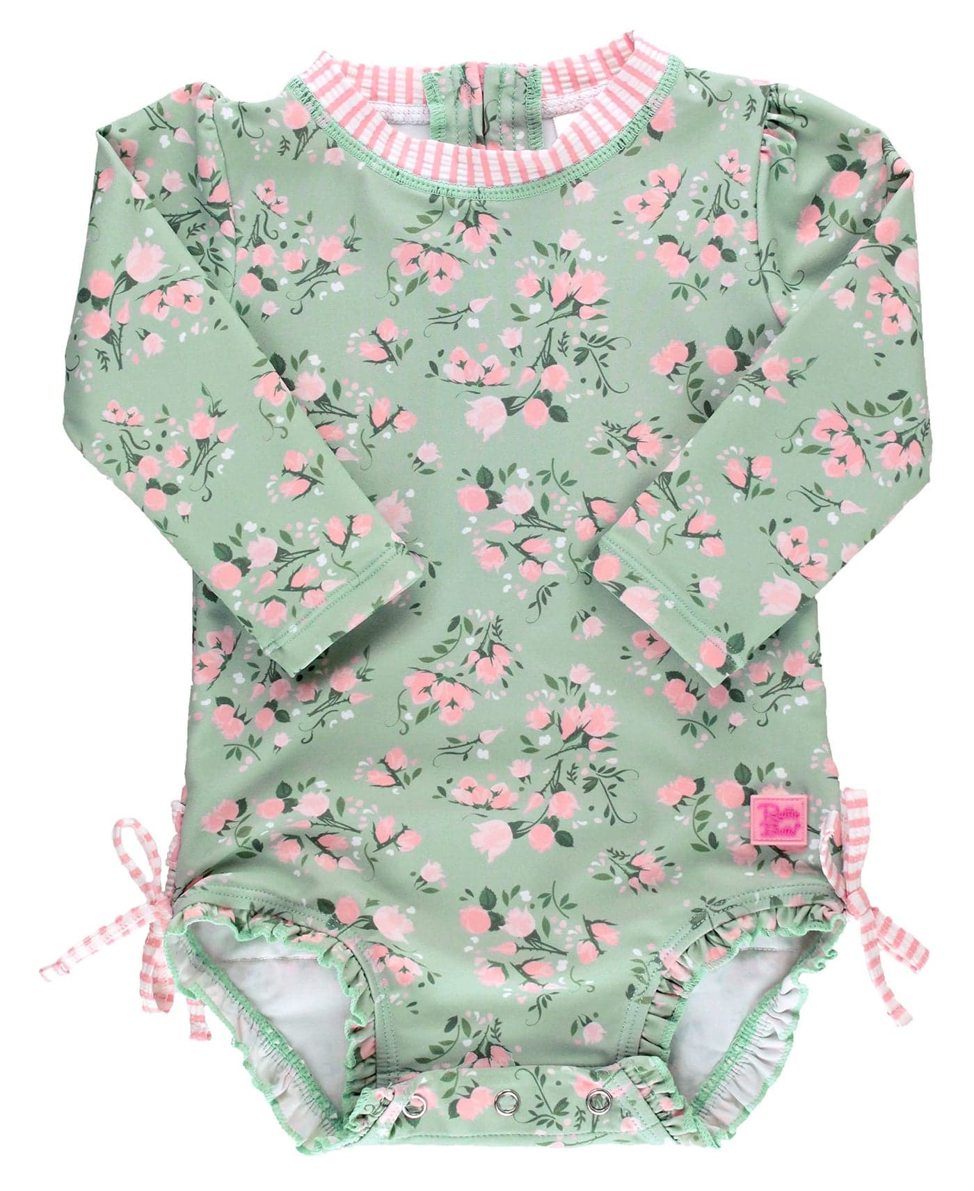 RuffleButts Baby Girls UPF 50+ Sun Protection Floral Printed Long Sleeve One Piece Rash Guard Swimsuit with Zipper - Tea Roses, 2T