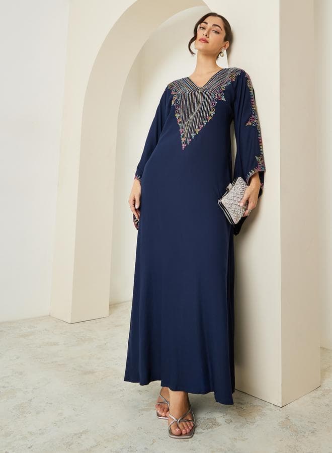 Navy Blue Embroidered A-Line Jalabiya