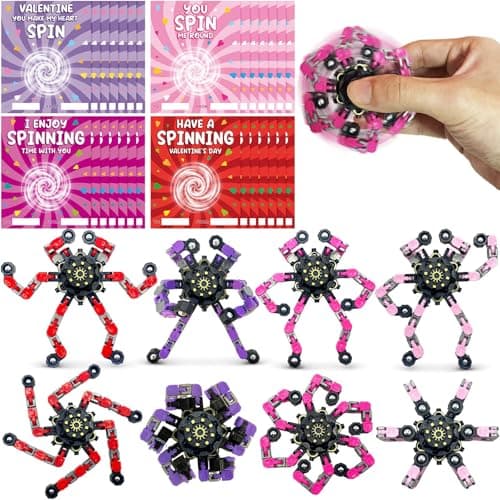 24 Set Valentines Day Cards for Kids ClassroomFingertip Spinner Sensory Toys with CardsTransformable Chain Robot Fidgets Spinners ToyValentines Party Favors Classroom ExchangeSchool Games Prize
