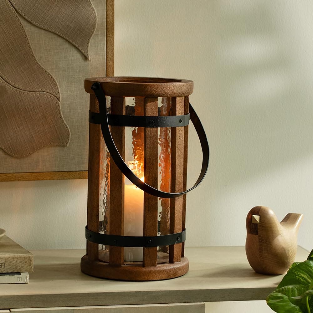 Ellementry Kori Wooden Round Lantern Hanging Lamp for Home Dcor Candle Holder Stands for Balcony Garden Aesthetic Lalten for Christmas Dcor Gifts Brown
