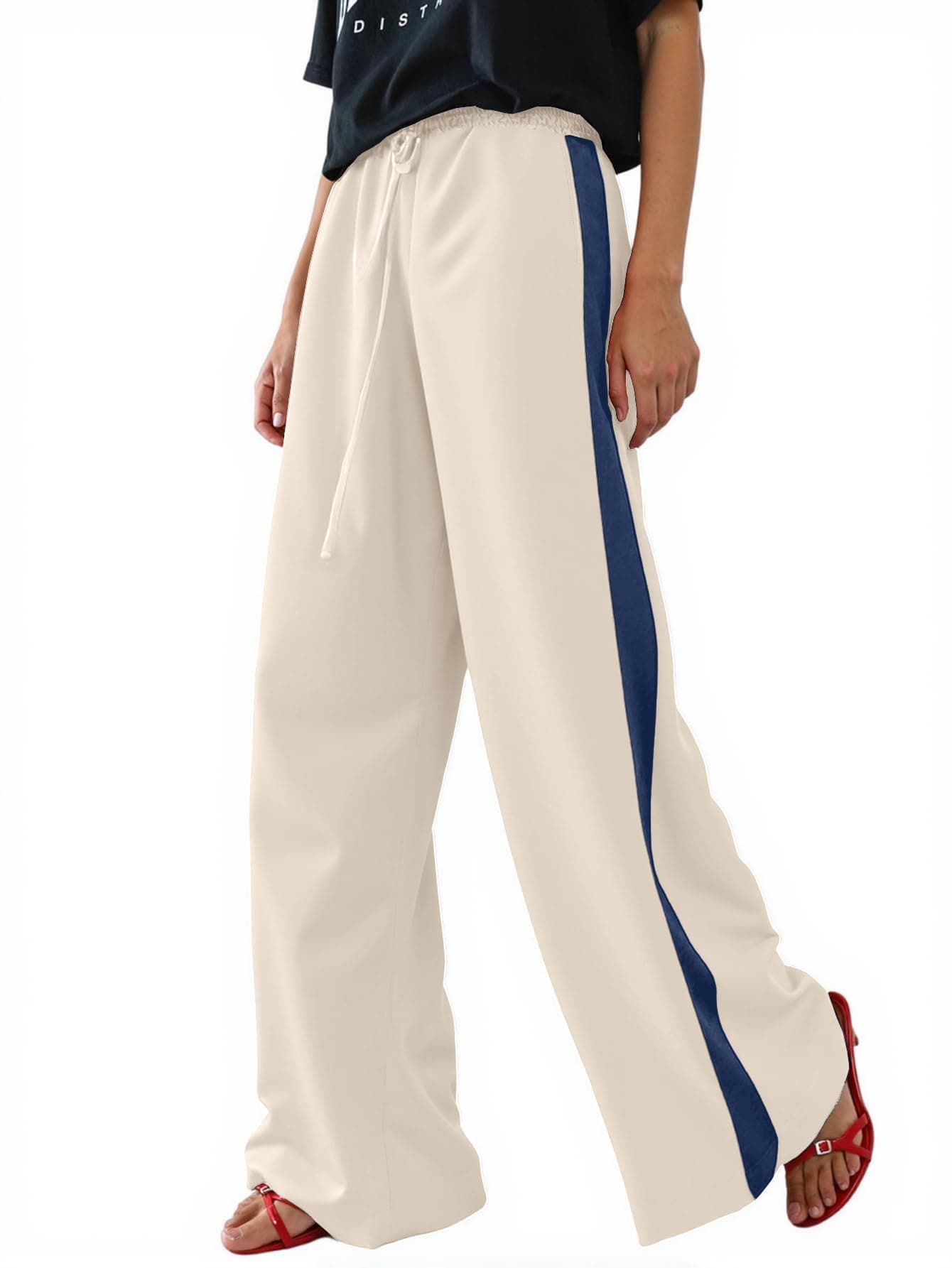 Charfille Women's Casual Pants Drawstring Leopard Print Color Block Side Striped Straight Leg Wide Leg Loose Pants (3-Beige Blue, XL)