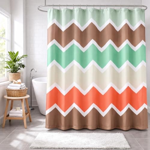 homewards Digitally Printed Chevron Stripes Design Water Repellent Polyester Shower Curtain (6ft x 6ft) 180cm x 180cm with 12 Hooks,Multi Color Chevron Stripes Design