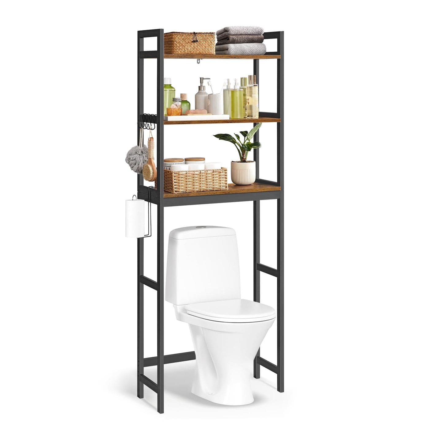 SONGMICS OverTheToilet Storage 3Tier Bathroom Organizer Over Toilet with Adjustable Shelves Hooks Bamboo Freestanding Space Saver Bathroom Shelves Rustic Brown and Ink Black UBTS012B01