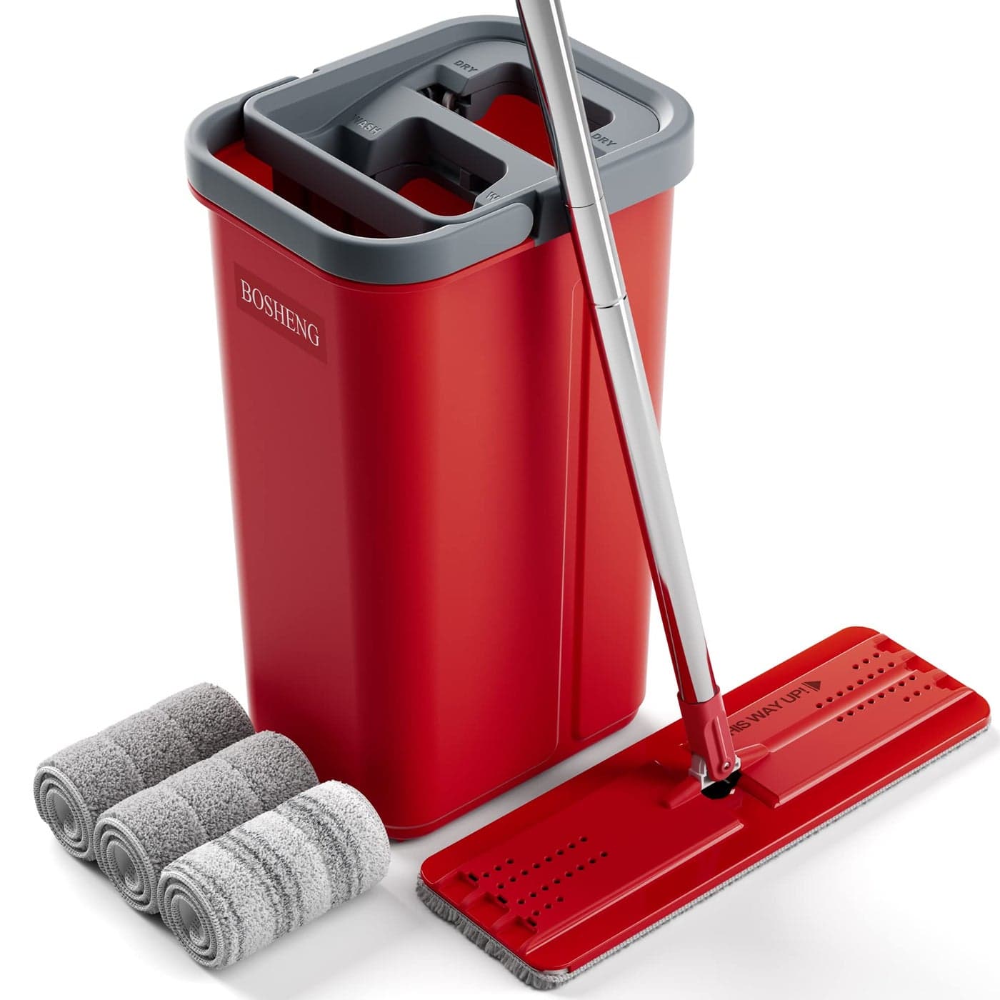 BOSHENG Mop and Bucket with Wringer Set Flat Mop and Bucket Squeeze Floor Mop with 3 Washable Microfiber Mops Wet and Dry Use Household Cleaning Tools for Hardwood Floor Laminate Tile