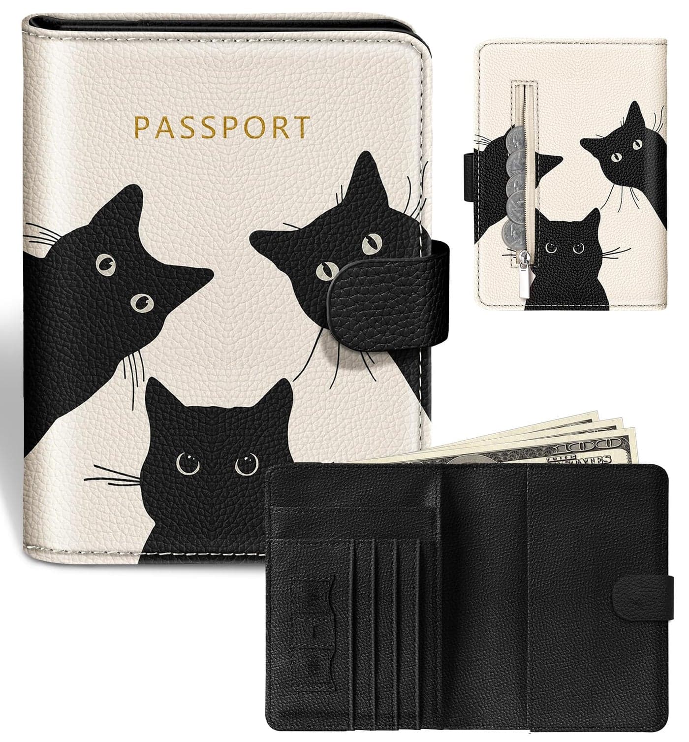 Slohif Passport Wallet Holder Cover for Travel - Women Men RFID Blocking Passport Book Case Protector, Cream Cute Black Cat Leather Personalized Organizer Slim Carrier Boarding Pass Cards Slots
