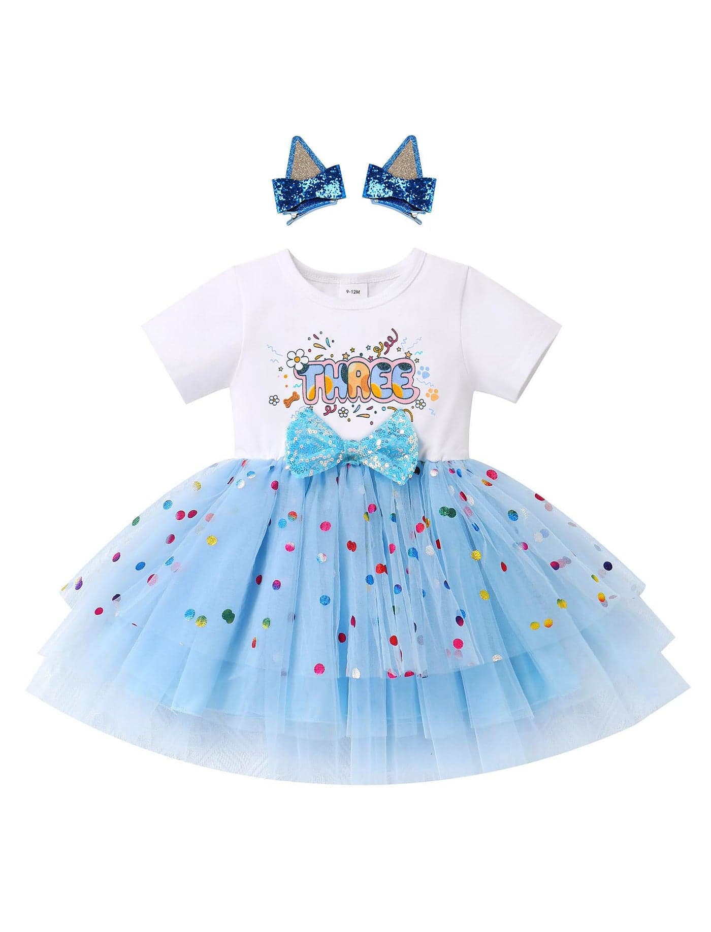 IMEKIS Cake Smash Outfit Girl: Third 3rd Birthday Dress Toddler Confetti Tulle Sparkly Ruffle Tutu Dog Ears Hair Clips Baby One Year Old Photoshoot Clothes Sets Party Formal Kids Blue - Three 3T