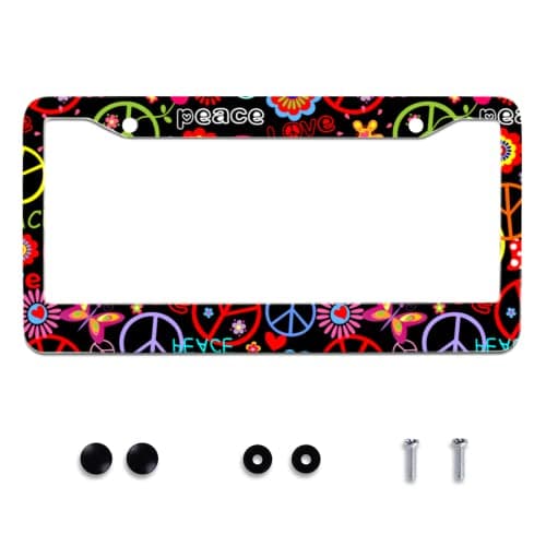 Personalise Hippies Peace Flower License Plate Frames Colored License Plate Frame Car Universal Stainless Steel Accessories Cars Decor 2 Holes Screws Fits Standard US Vehicles Size 12.2 x 6 Inches