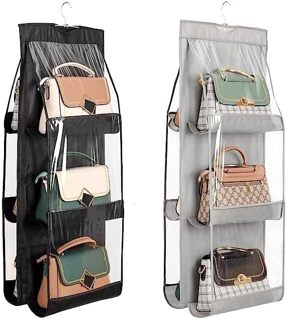 Coolkart 6 Pocket Clear Purse Handbags Organizer Door Closet Shelf Hanging Storage Bag Grey Black Combo