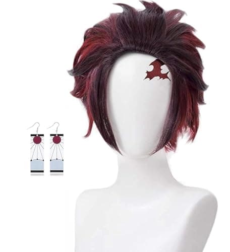abouder Tanjiro Cosplay Wig with Earrings Markings Kimetsu No Yaiba Wig Short Layered Brown Wigs Synthetic Christmas Halloween Hair for Anime-Fans (Kamado Tanjiro)