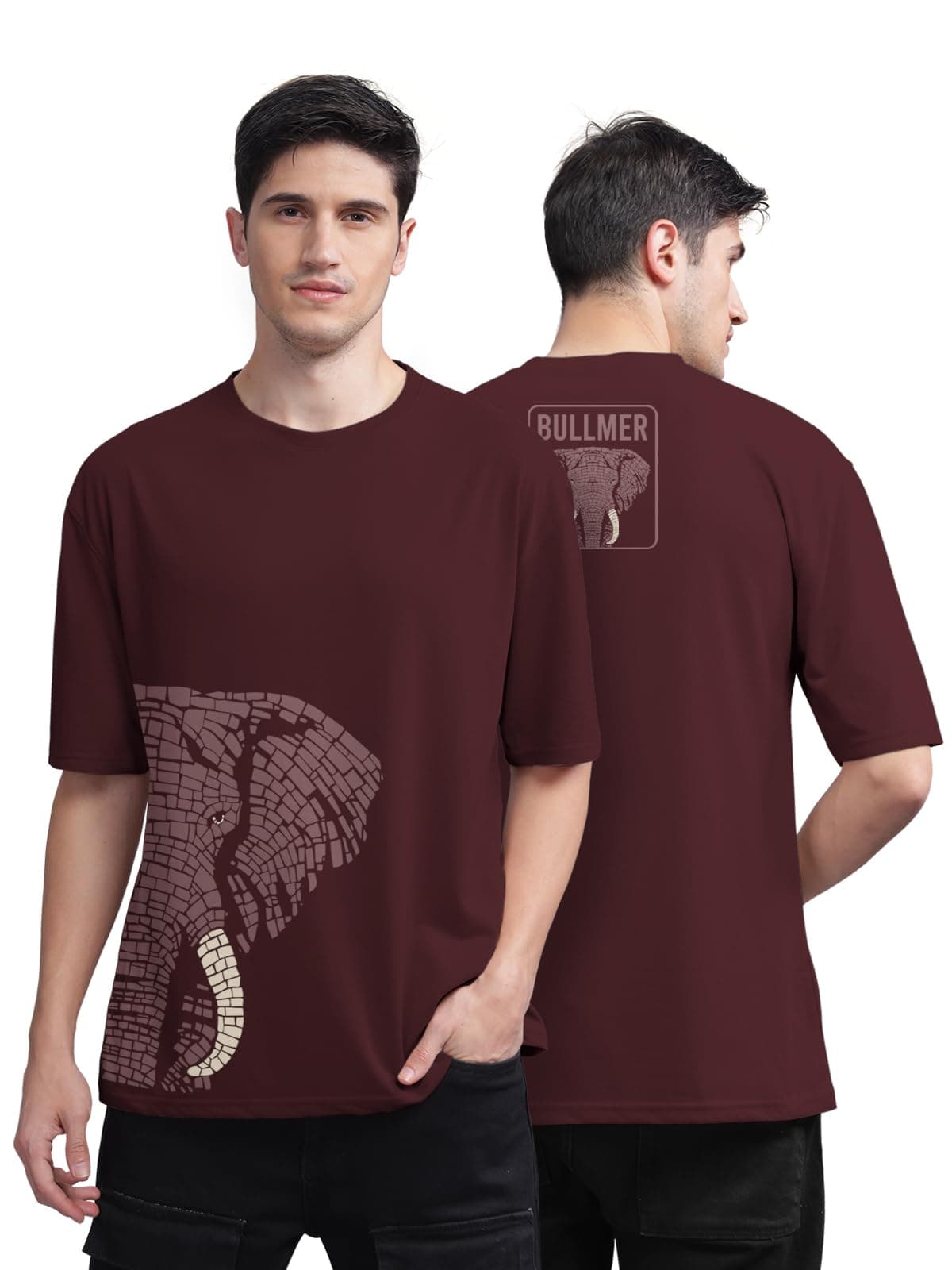 BULLMER Trendy Front and Back Printed Oversized Round Neck T-Shirt for Men - Marron/XX-Large