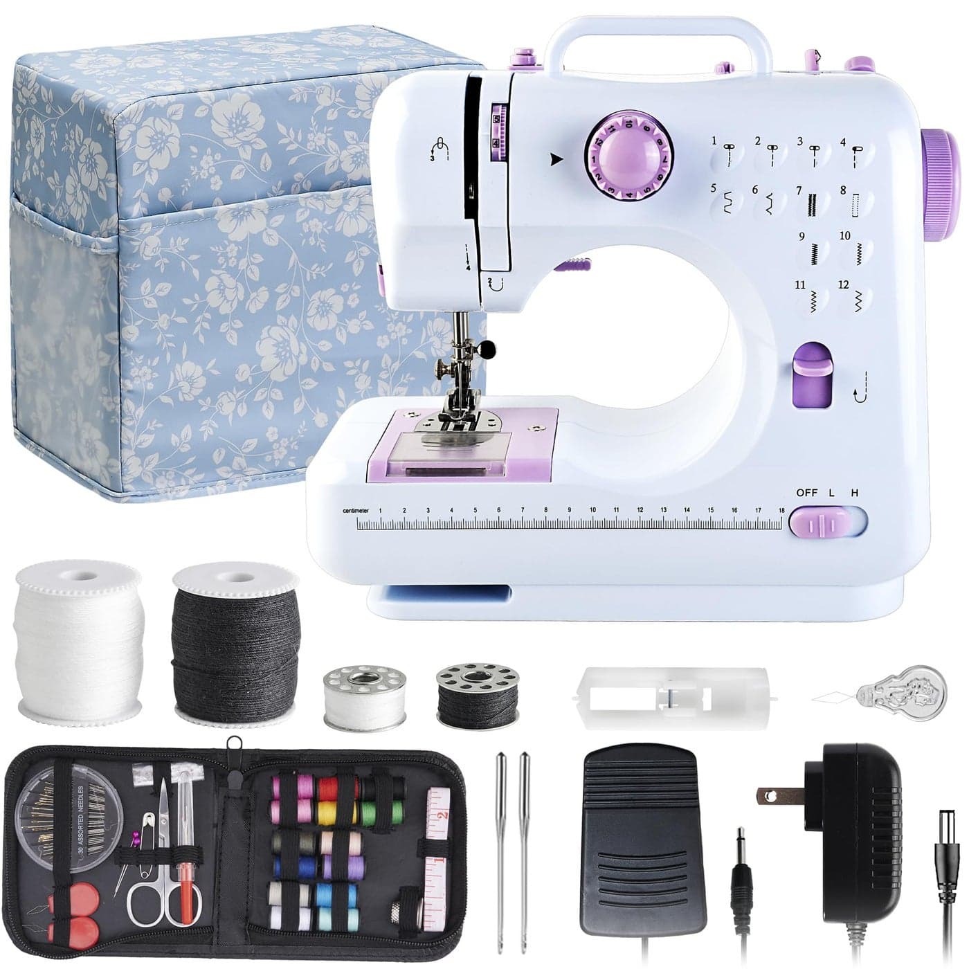 JUCVNB Mini Sewing Machine for Beginners and Kids Ages 812 Portable Sewing Machines with 12 Builtin Stitch Patterns Light 2 Speed Foot Pedal Purple White with 27 Pieces Sewing Kit Case