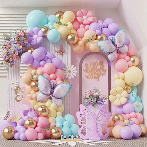 Daisy Butterfly Balloon Garland Arch Kit with Pastel Macarone Pink Blue Yellow Purple Gold Latex Balloons for Birthday Party Wedding Decorations Macarone