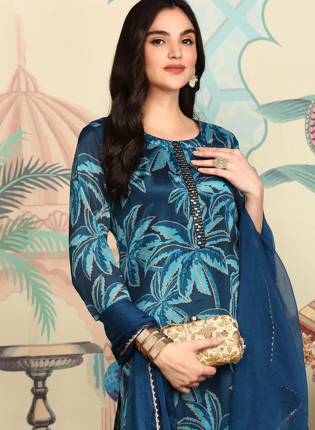 Women'S Navy Polyester Blend Self Design Full Length Palazzo Kurta Set