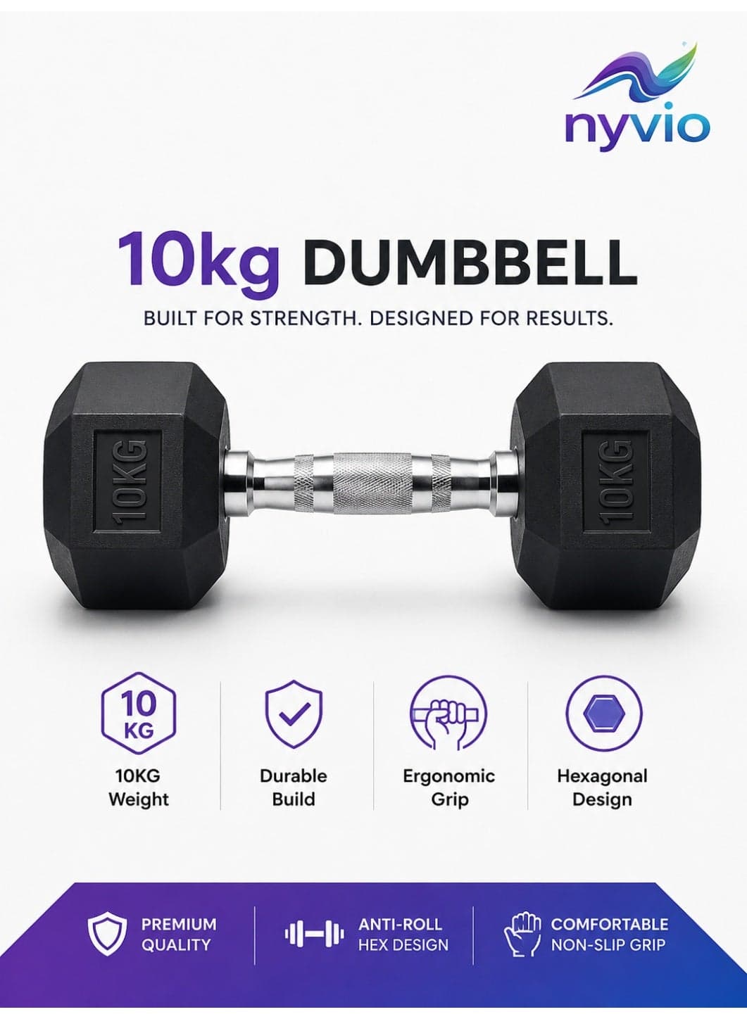 10 KG Rubber Hex Dumbbell with Anti-Slip Chrome Handle | Home Gym Strength Training Weight