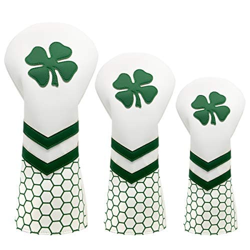 3pcs Golf Club Covers for Driver and Woods - Lucky Clover Golf Driver Headcover, Rotatable #3 5 Fairway Woods Head Cover, Hybrid Headcover - White Synthetic Leather Golf Club Head Covers