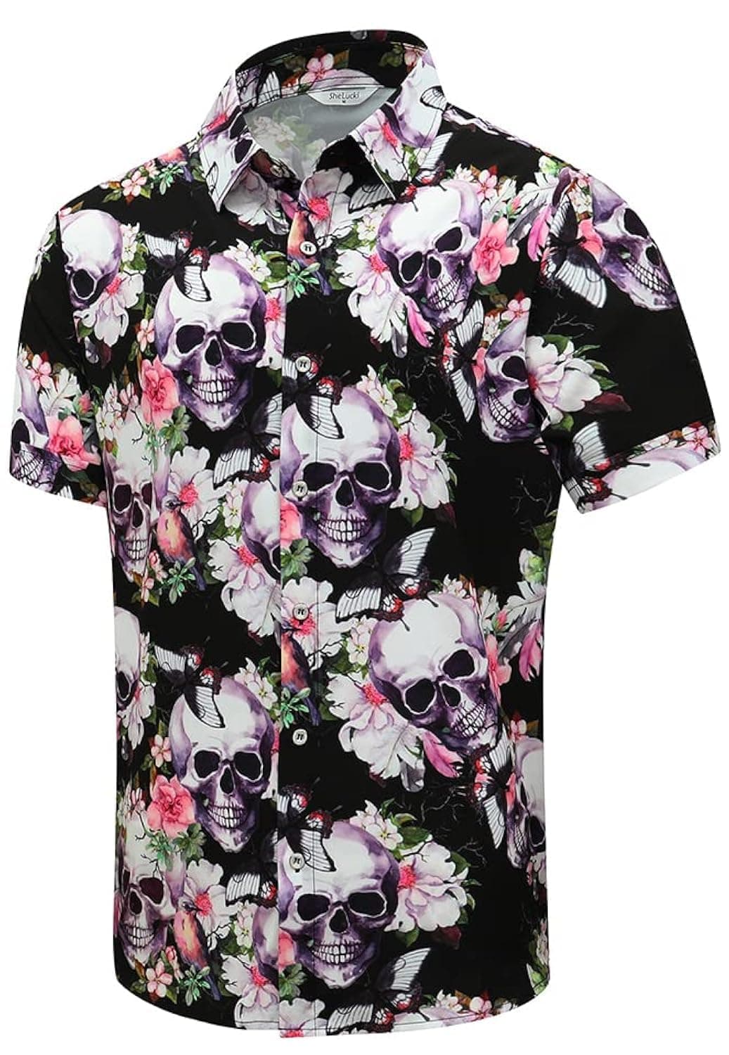 SheLucki Hawaiian Shirt for Men, Unisex Summer Beach Casual Short Sleeve Button Down Shirts, Printed Palmshadow Clothing Skull Pink L
