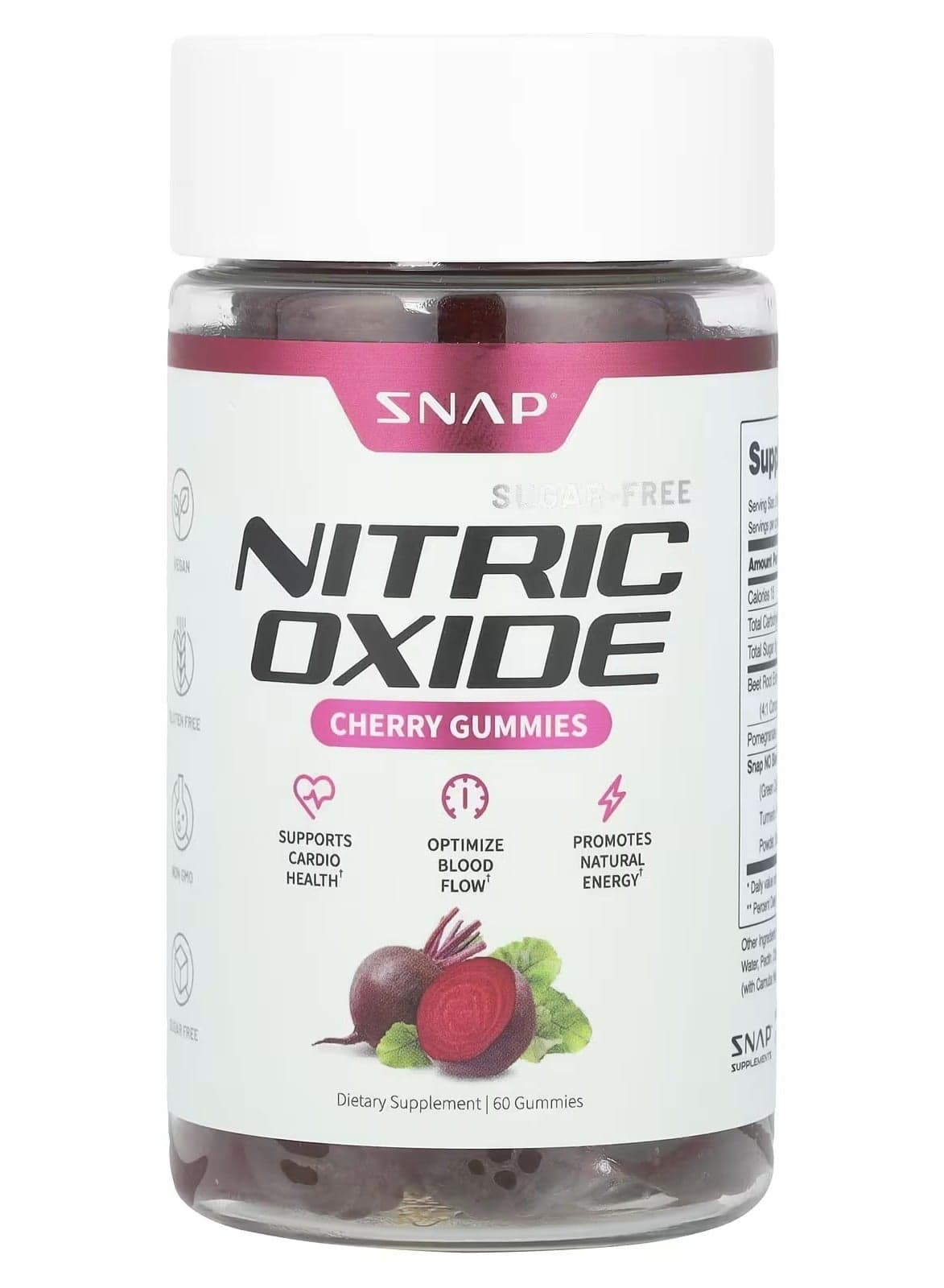 Snap Supplements Nitric Oxide Supplement - Sugar Free Beets Chews Used as a Blood Pressure Supplement, Energy Supplement, Blood Sugar Support, 60 Beet Root Gummies