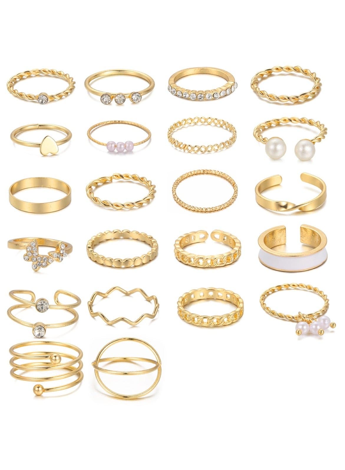 22-Piece Gold Color Ring Set Assorted Sizes & Styles with Crystal, Pearl & Alloy Accents