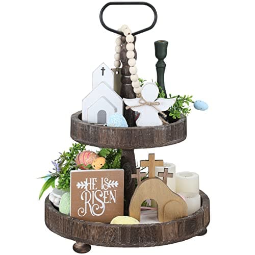 Glenmal 4 Pcs Easter Tiered Tray Decor He is Risen Religious Tiered Tray Decorations Wooden Easter Jesus Sign with LED Fairy Lights for Farmhouse Home Church Table Christian Catholic Cross Gifts