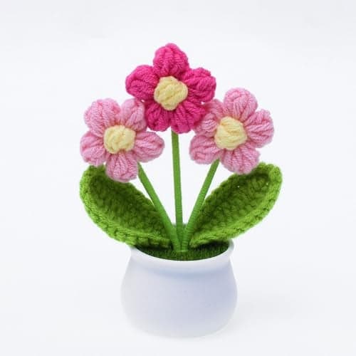 YiQiYi Crochet Flowers Artifical Small Patted Flowers for Office Desk Car Dashboard Decor Motivational Gifts for Women Handmade Knitted Flowers Home Decoration (Puff Flower Pink)