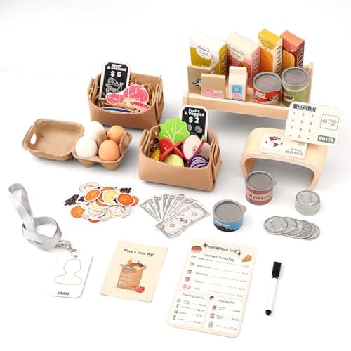 Youuys Cash Register for Kids Wooden Grocery Store Playset with Shelf 50 Pcs Accessories Pretend Play Food Montessori Learning Toys Stocking Stuffers for Toddlers Ages 38 Boys
