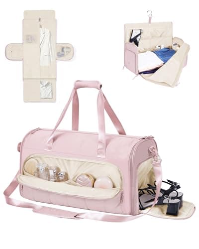 WANDF Convertible Garment Bags for Travel with Wet Pocket Carry on Garment Duffle Bag 2 in 1 Puffy Hanging Clothes Travel Bags with Shoe Compartment for Airplanes Business Weekend Gym Wedding (Pink)