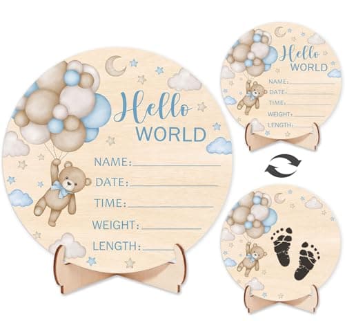 Andrain DoubleSided Wooden Newborn Birth Sign Blue Bear Baby Announcement Sign Bear Hello World Name Sign for Hospital Gift for New Mom Baby Shower Photography Prop