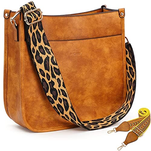 HKCLUF Crossbody Bags for Women Trendy Vegan Leather Hobo Handbags With 2 Adjustable Guitar Strap Crossbody Bucket Purse for Women(Lightbrown)