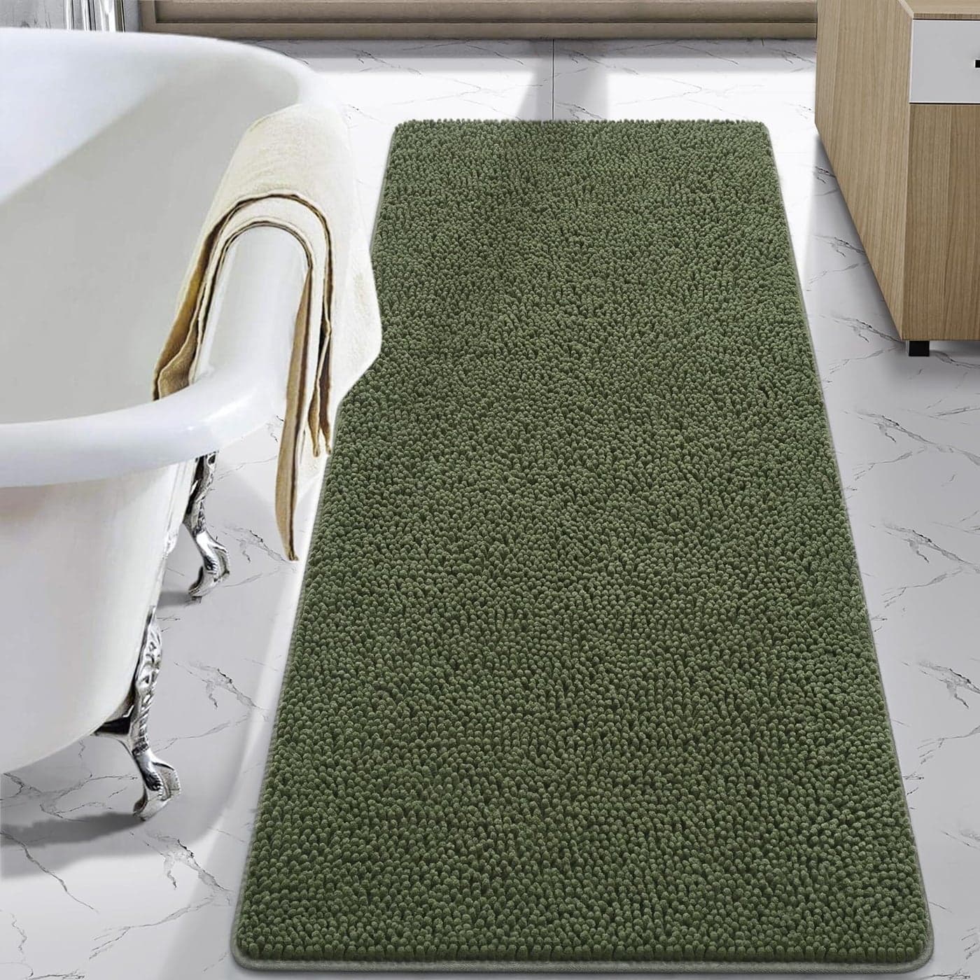 LOCHAS Luxury Bathroom Rug Shaggy Bath Mat 24 x 60 Inch Washable Non Slip Bath Rugs for Bathroom Shower Soft Plush Chenille Absorbent Carpets Mats Olive Green