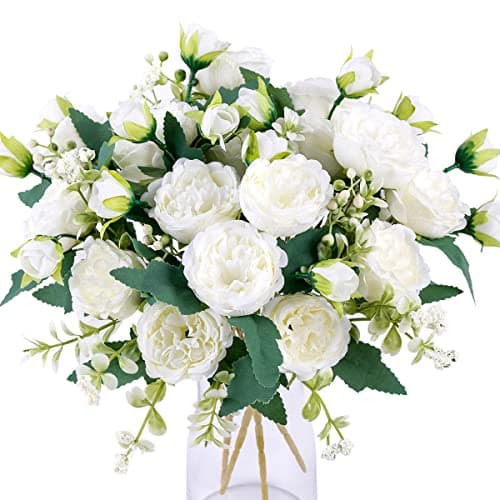 Floweroyal 4 Bunches Peony Artificial Flowers White Flowers Silk Peonies Bouquets for Wedding Party Table Centerpieces Floral Arrangement Home Kitchen Decor.