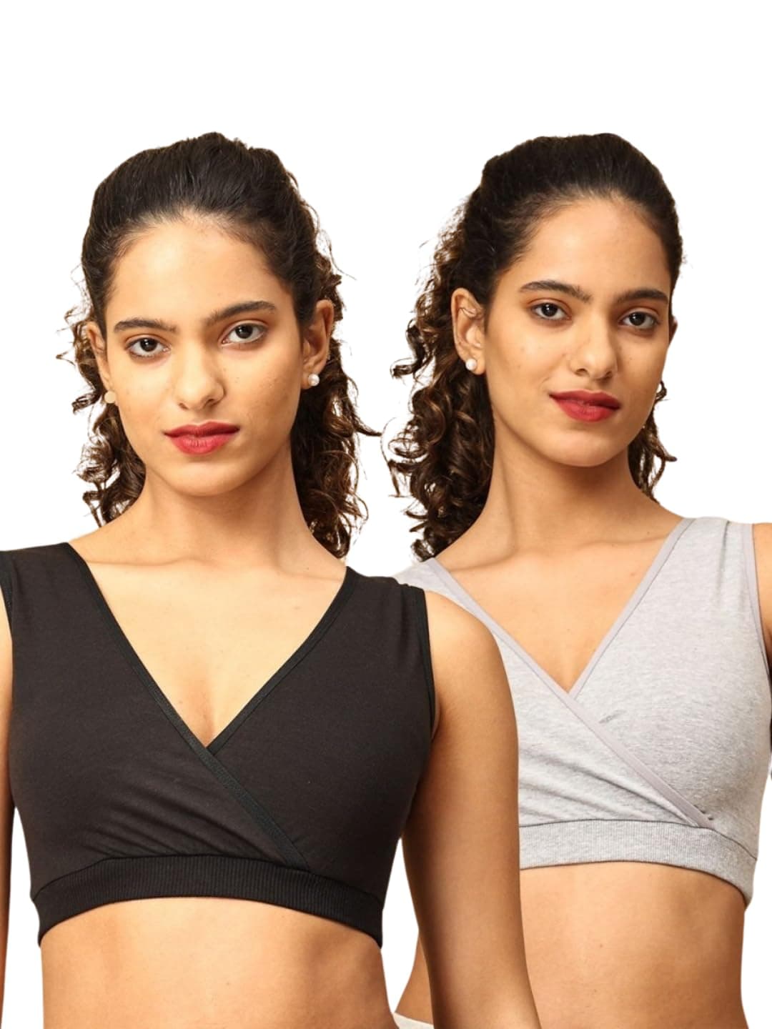 The Mom Store | Cotton Mix Non Padded Wire Free Maternity Bra for Women Feeding | Nursing Bra for Breastfeeding | V Neck Full Coverage Pregnancy Bra | Black & Grey | 2XL | Pack of 2