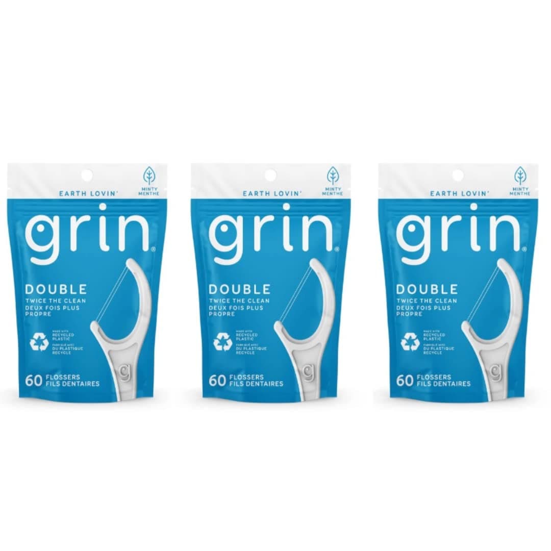 Grin Dental Floss 3 Packs of 60 Double Twice The Clean Deux Fois Plus Propre White Total 180 10 Foot 018 pounds