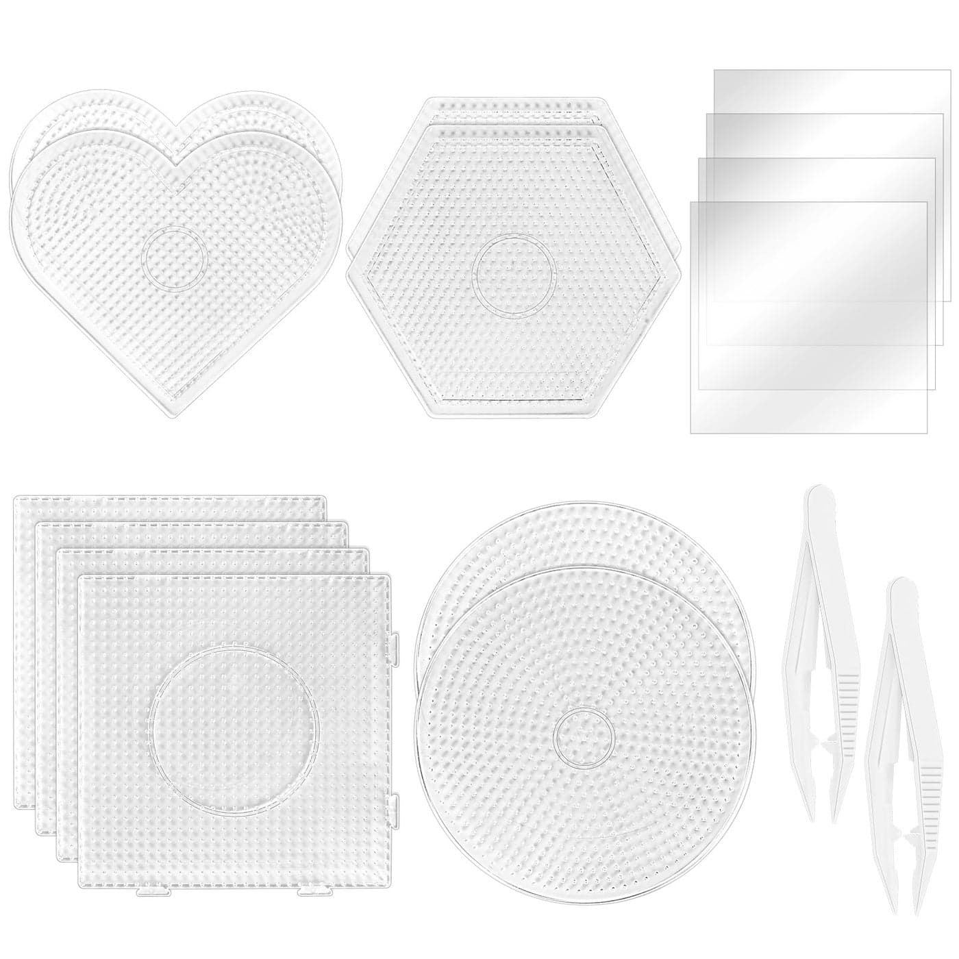 BILLIOTEAM 10PCS 4 Shapes Fuse Beads Pegboards Boards with 2Pieces Tweezers and 6Pieces Lroning Paper5mm Clear Plastic Pegboards Set Kit for Kids Craft Supplies Beads