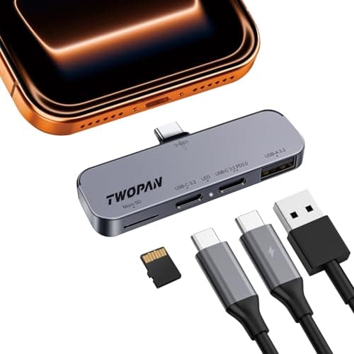 TWOPAN USB C iPhone Hub for ProRes Video Recording - Ultra-Slim Aluminum USB 3.2, Dual USB-C, Micro SD, and Charging Port Hub for iPhone 17/16/15 Pro/Pro Max
