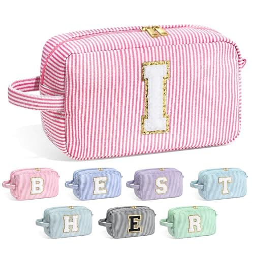 YOOLIFE Initial Cosmetic Bag for Women - Monogram Cute Pink Makeup Bag Cosmetic Toiletry Pouch Make Up Case for Women Her Best Friend Friendship Sister Teacher, Personalized Birthday Gifts for Women I