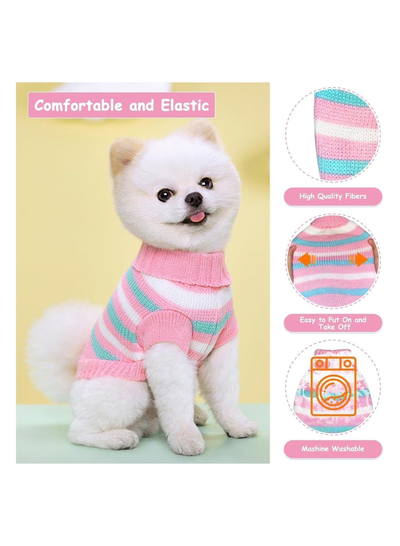 Dog Knitted Sweaters, Small Dog Jumper, Striped Dog Sweater, Warm Knitted Sweater Coat, Soft Puppy Jumper, Dog Winter Clothes, Cute Warm Dog Pullover for Small Dog and Cat (Small, Pink)