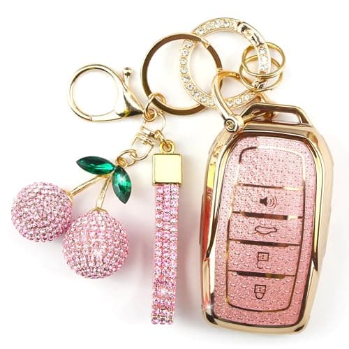 Rayslesan Sparkly Key Fob Cover with Cherry Keychain, Bling TPU Smart Key Case for Women, Compatible with Toyota Hilux Corolla Land Cruiser Venza RAV4 prime Sienna Fortuner (4-Button, Gold Pink)