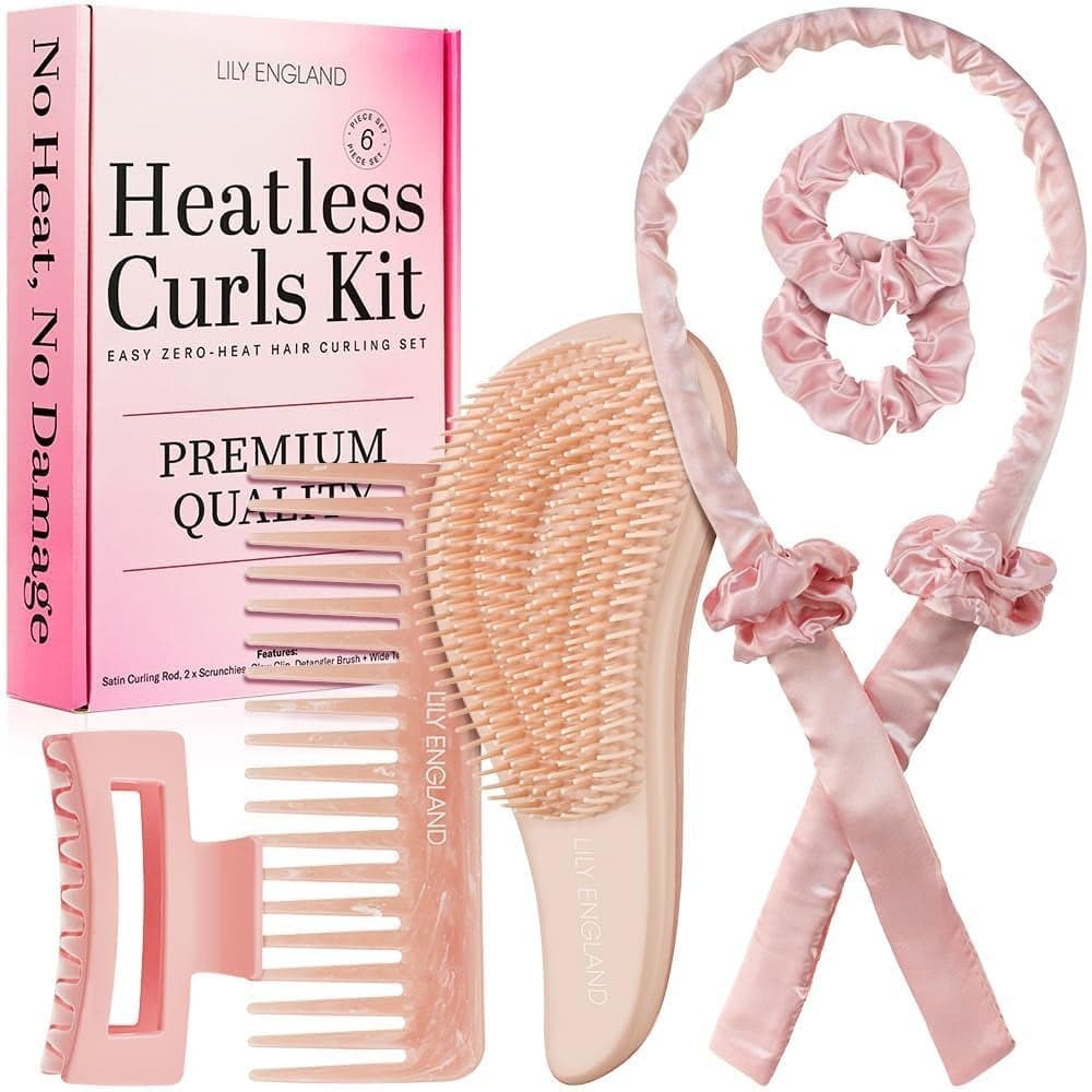 Lily England Heatless Hair Curlers to Sleep In No Heat Curling Gift Set Includes Satin Headband Hair Clip Comb 2 Scrunchies Sleek Smooth Overnight Curls Peach 6 Pack