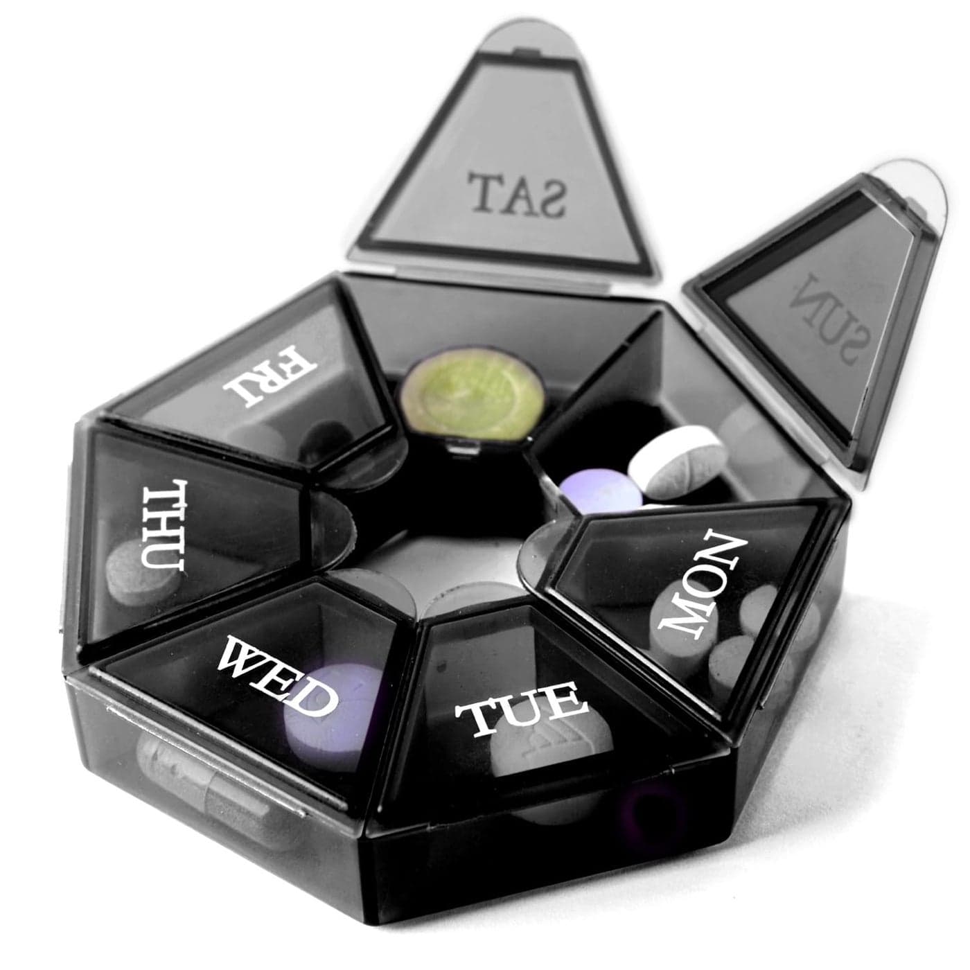 Deke Home Small Weekly Pill Organizer Round Pill Dispenser for Travel Mini Pill Organizer Compact Medicine Holder Pill Sorters 7 Days Portable Vitamin Container BPA Free Food Grade