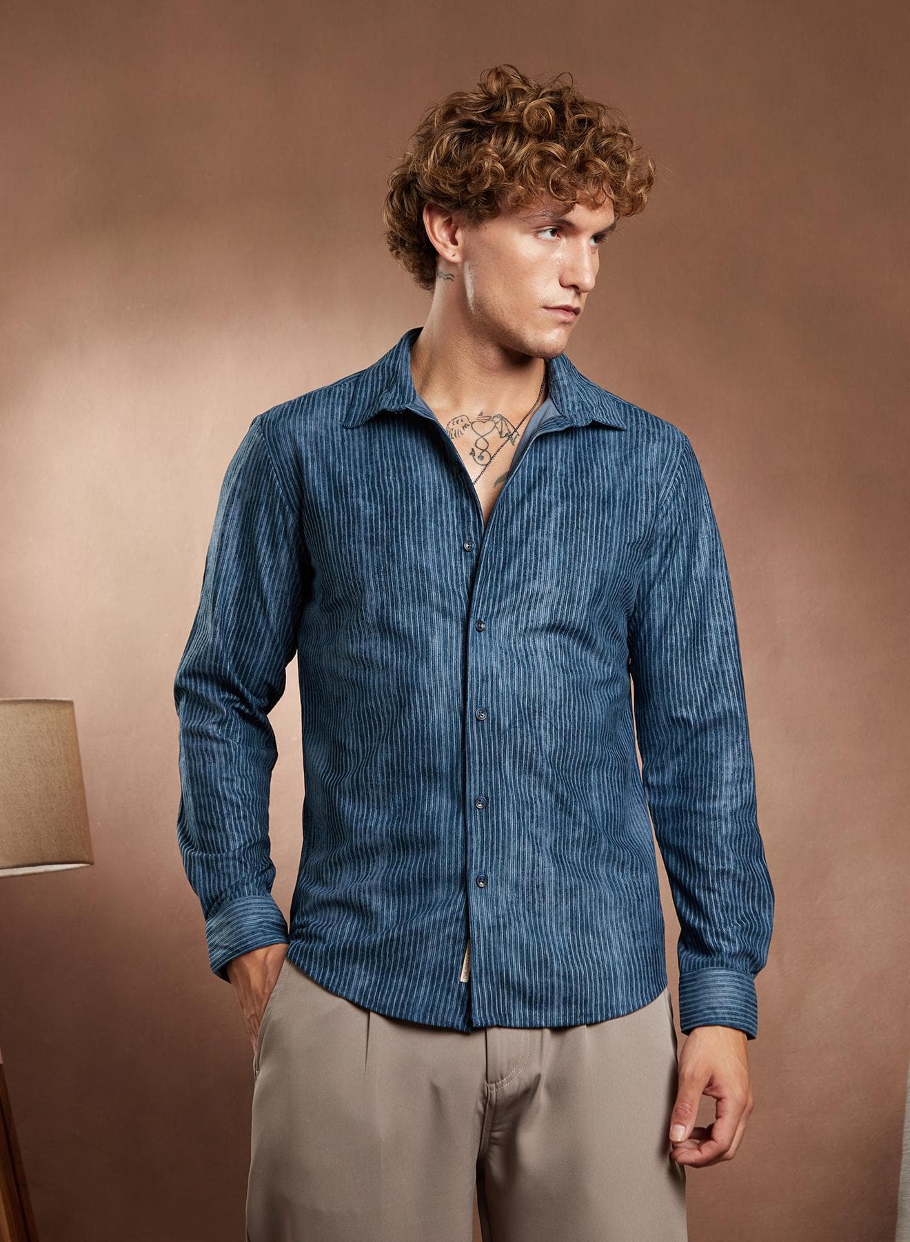 Men's Indigo Blue Ribbed-Corduroy Shirt
