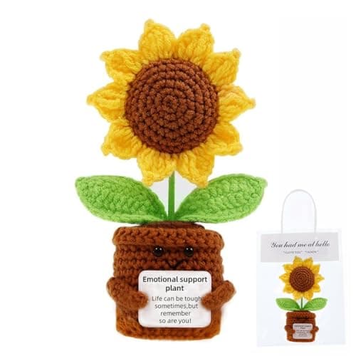 YiQiYi Positive Crochet Sunflower with Card Artical Flowers Emotional Support Plush Plant Crochet Sunflowers Home Office Desk Car Decor for a Sweet Gifts(Sunflower)