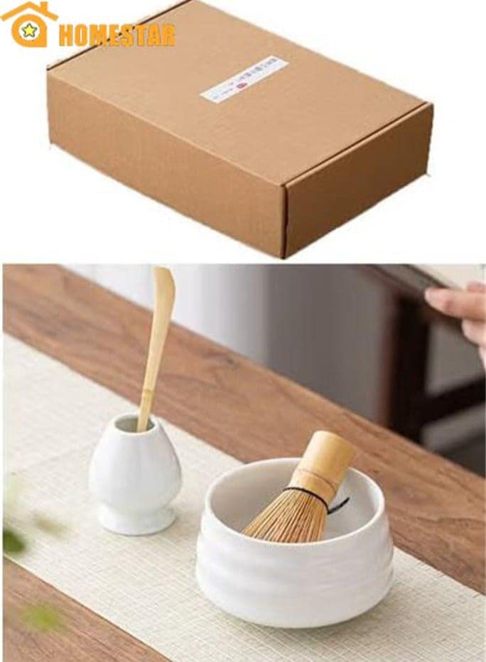 4 Pieces Traditional Matcha Tea Set with Ceramic Bowl, Spoon, Bamboo Matcha Whisk and Holder, Best Gift for Friends, Family, Home, Camping, White