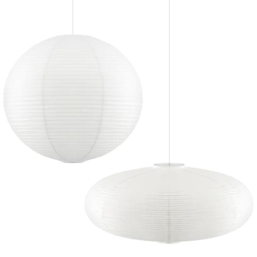 Fuyoooo 2 Pcs Chinese Paper Lanterns 20 Inch White Lampshade, Large Round and Oblate Pendant Lamp Shade, Rice Paper Lampshade Ceiling Foldable light shade for Interior Home Decoration