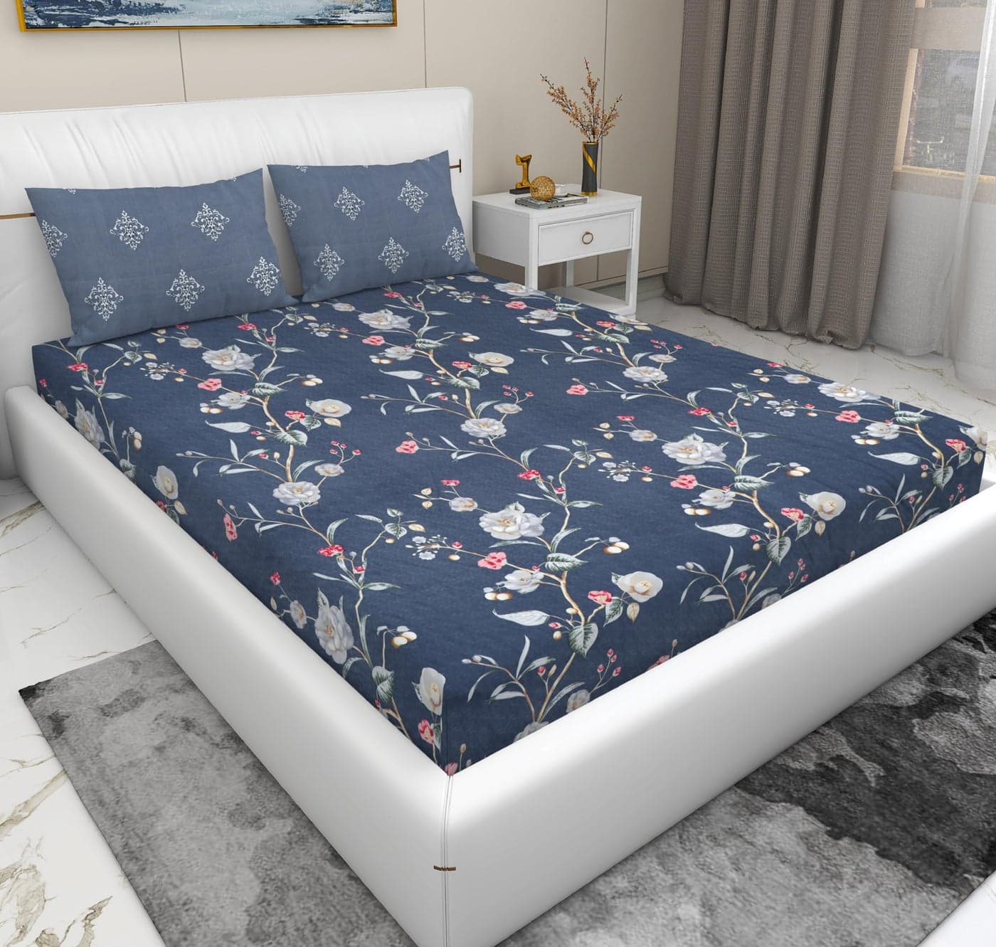 RD TREND® Presents Luxurious Supersoft Cotton Feel 210 Tc (100x108 Inch) bedsheet for Double Bed King Size with 2 Pillow Covers Size 18x28 Inch Color- Grey Pink Pattern-Floral