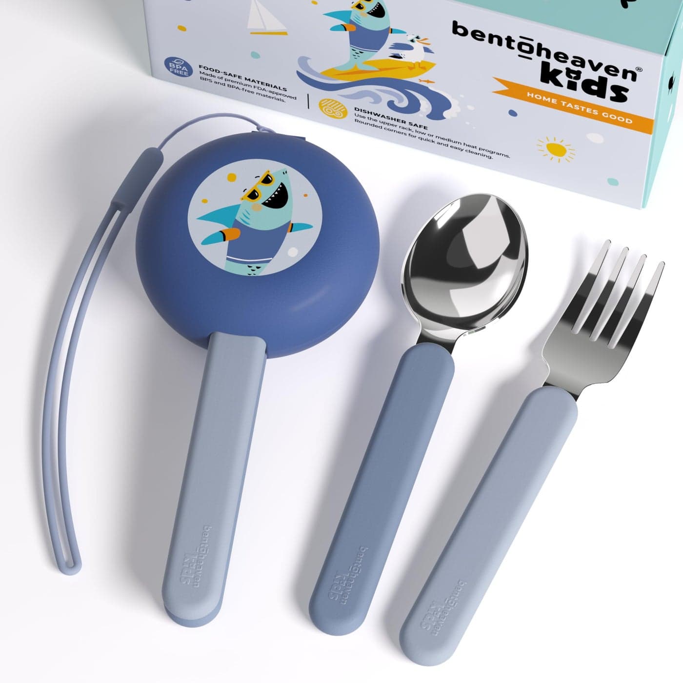Bentoheaven Kids Travel Utensils with Case FoodGrade Stainless Steel BPAFree Plastic Travel Kid Cutlery Set Dishwasher Safe Fork Spoon Case Reusable Flatware Silverware for Kids Shark
