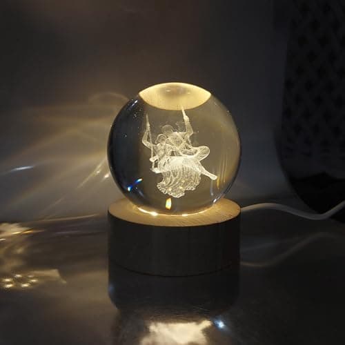 KharidoLive 3D Radhe Krishna LED Crystal Ball USB Night Light, 6 Cm Glass Ball Night Lamp With Woodern Base, Decorations Gifts For Men & Women Meditation Or Relaxation